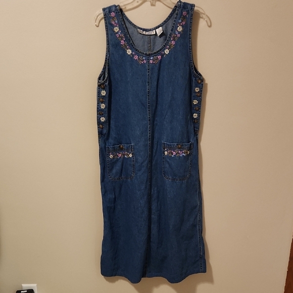 Jane Ashley Dresses & Skirts - Jane Ashley Womens Vintage Denim Dress M Maxi w Floral Embridered Neck Pockets